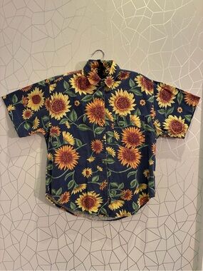 QUIZZ New York ALL OVER SUNFLOWER print cotton denim shirt SZ L VTG 80s 90s